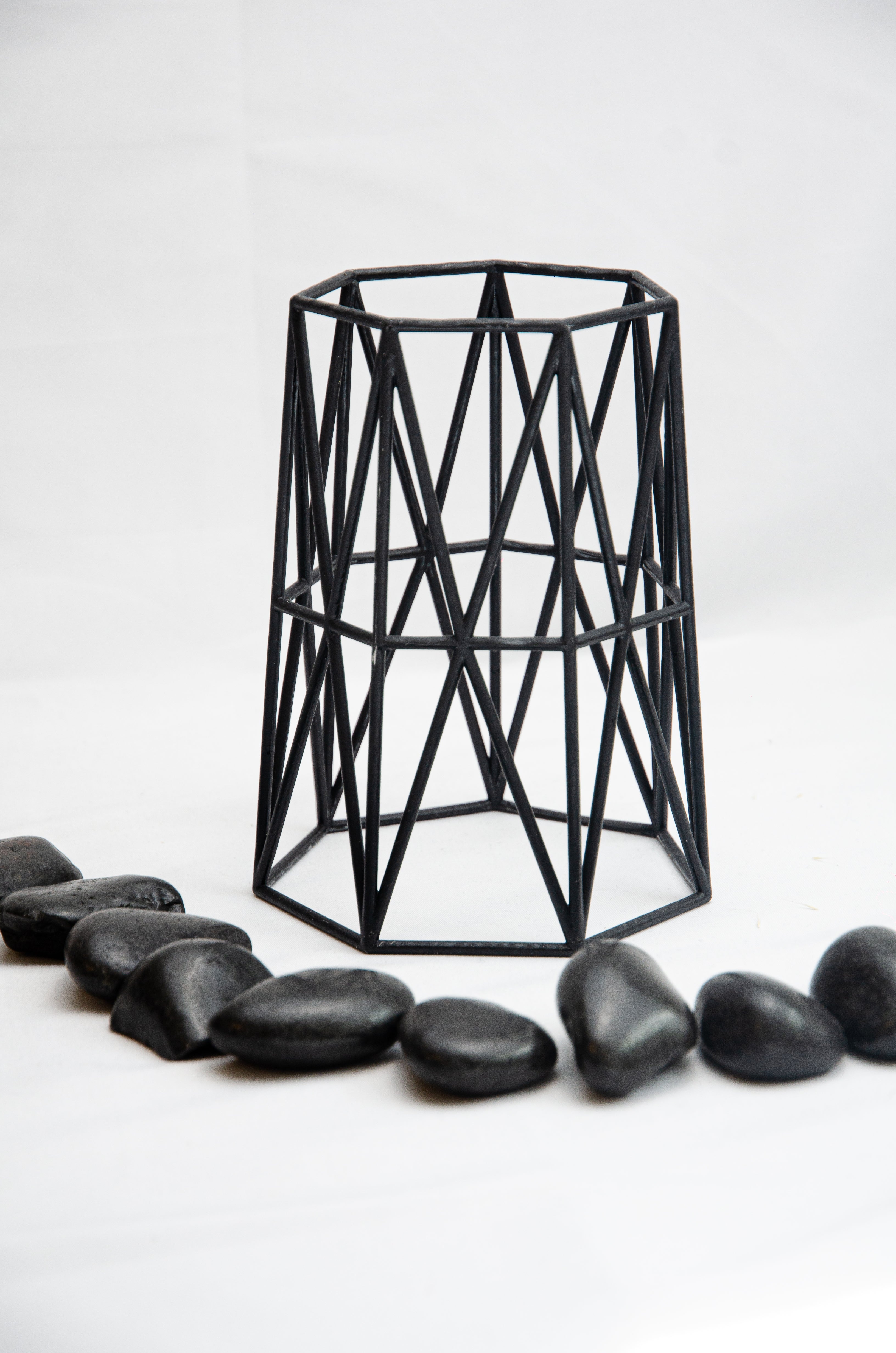Upright Geometric Wire Vase Cage – Black Design for 10cm Pots & Wedding Table Decor